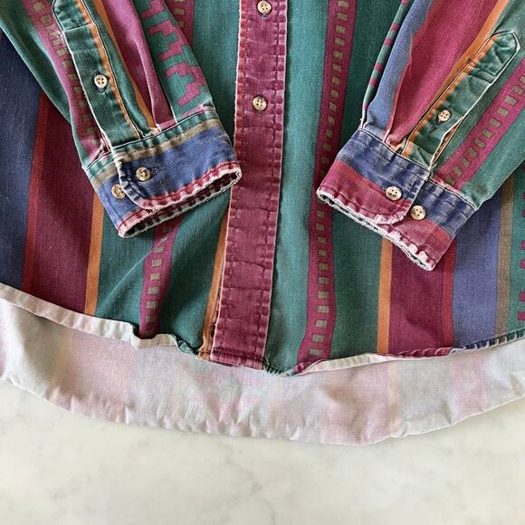 Vintage 90s Men's Distressed Aztec Striped Button Down Long Sleeve Shirt / XL - Picture 3 of 8